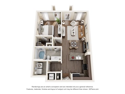 Floor plan for 1 bed, 1 bath, 723 sqft